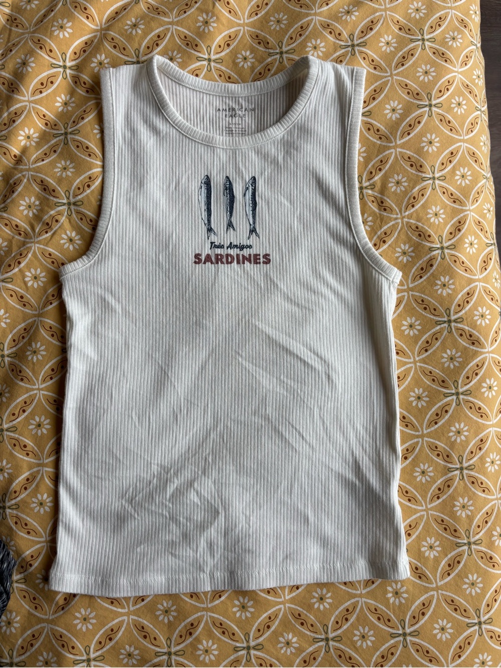 American Eagle Outfitters White Ribbed Tank with Sardines Graphic